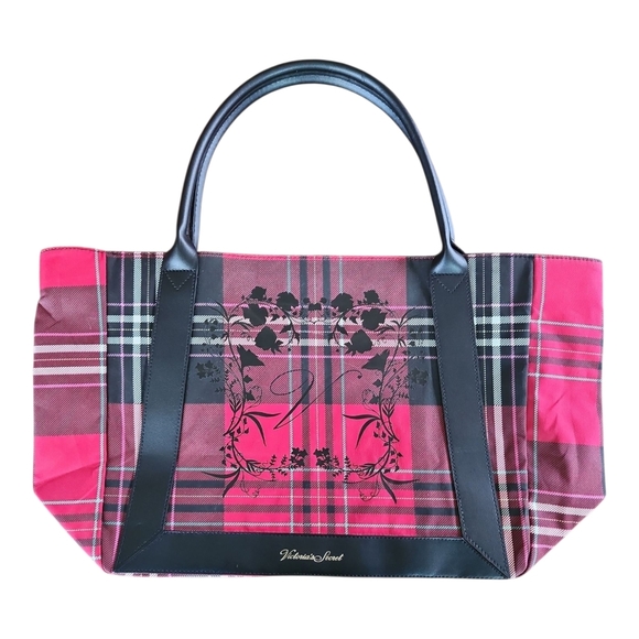Victoria’s Secret Pink Plaid Crest Logo Tote Bag | Oversized Canvas Shopper - Picture 1 of 6